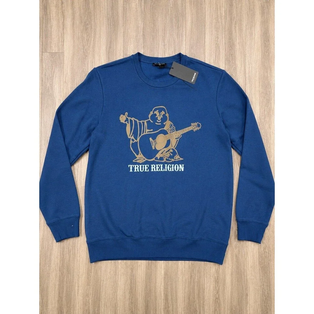 True Religion NWT Mens XL Blue Crewneck Sweatshirt Buddha Guitar Graphic